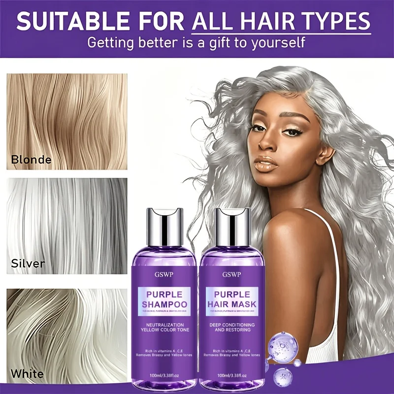 GSWP Purple Shampoo & Hair Mask Set, Neutralize Yellow & Brassy Tones, Deep Conditioning Repair Damaged Hair.100+100ml - Image 4