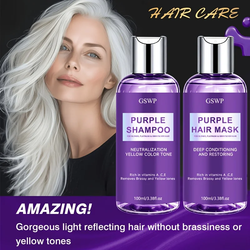 GSWP Purple Shampoo & Hair Mask Set, Neutralize Yellow & Brassy Tones, Deep Conditioning Repair Damaged Hair.100+100ml - Image 2
