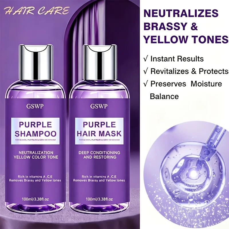 GSWP Purple Shampoo & Hair Mask Set, Neutralize Yellow & Brassy Tones, Deep Conditioning Repair Damaged Hair.100+100ml - Image 3