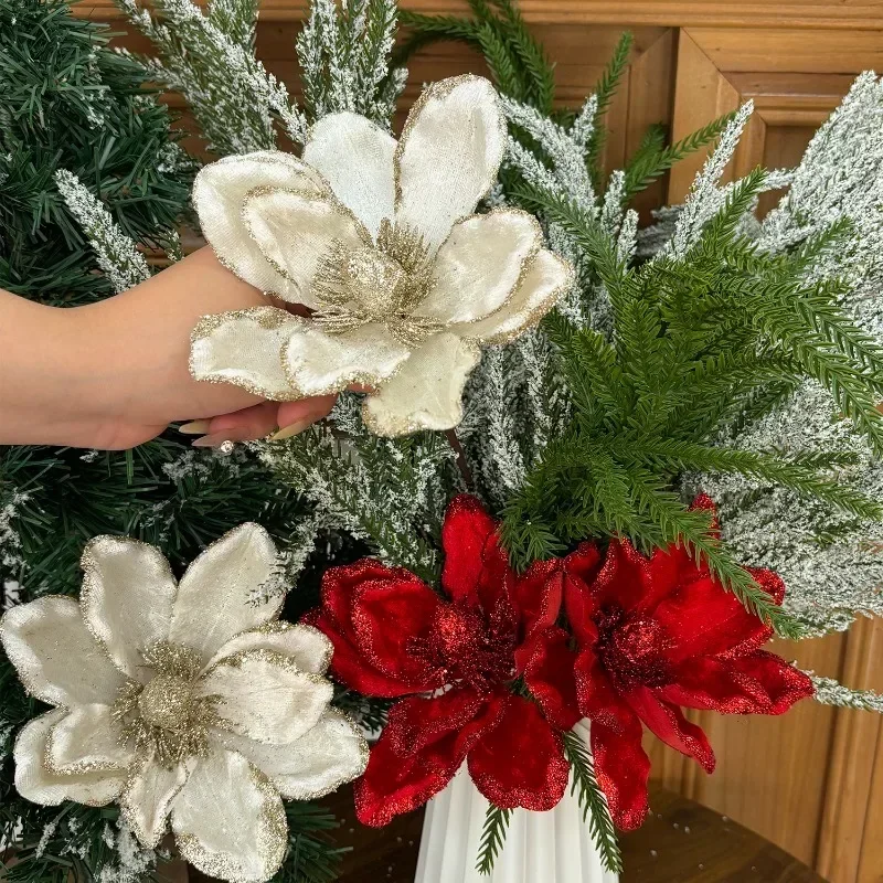 Glitter Artificial Poinsettia Flowers Christmas Tree Ornament Fake Flower Picks Xmas Wreath Vase Bouquet Home Party Decoration - Image 2
