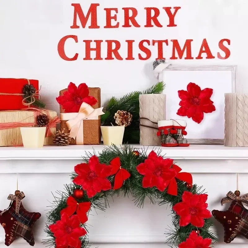 Glitter Artificial Poinsettia Flowers Christmas Tree Ornament Fake Flower Picks Xmas Wreath Vase Bouquet Home Party Decoration - Image 5