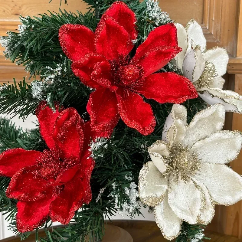 Glitter Artificial Poinsettia Flowers Christmas Tree Ornament Fake Flower Picks Xmas Wreath Vase Bouquet Home Party Decoration - Image 3