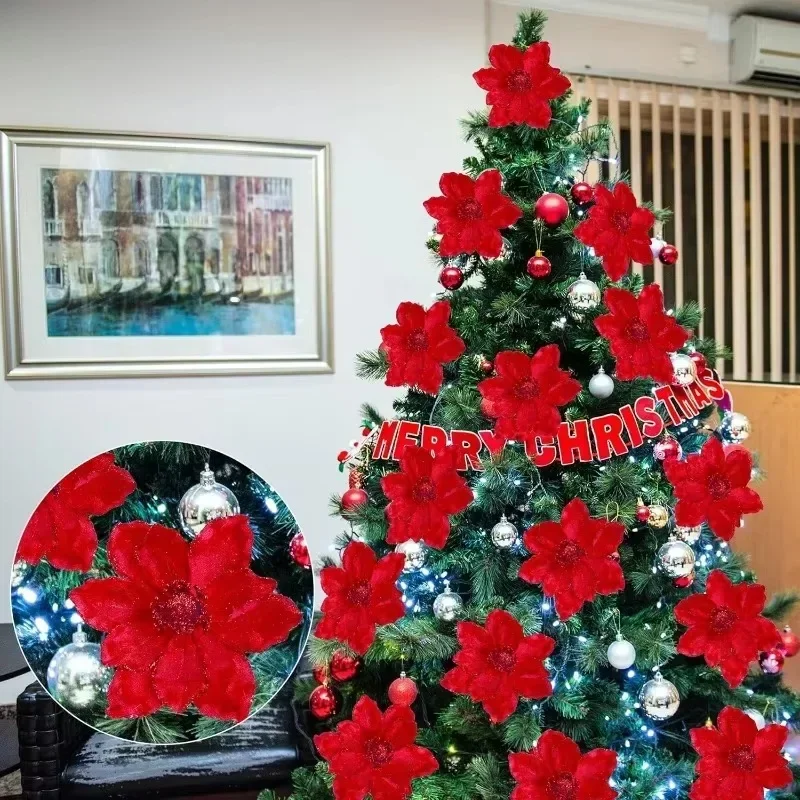 Glitter Artificial Poinsettia Flowers Christmas Tree Ornament Fake Flower Picks Xmas Wreath Vase Bouquet Home Party Decoration - Image 4