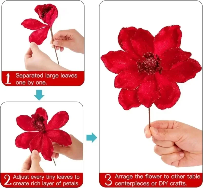 Glitter Artificial Poinsettia Flowers Christmas Tree Ornament Fake Flower Picks Xmas Wreath Vase Bouquet Home Party Decoration - Image 6