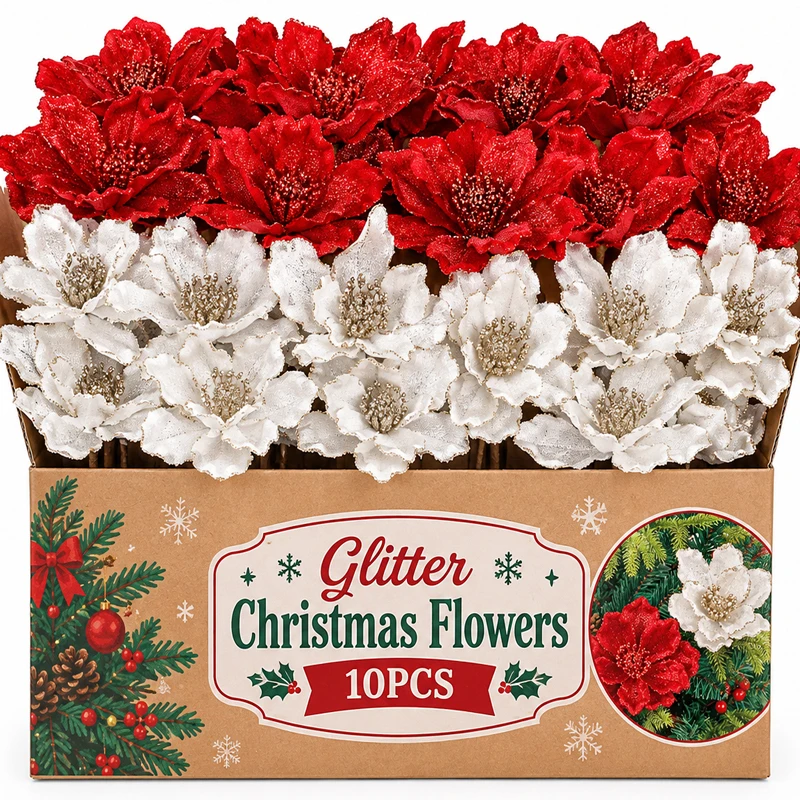 Glitter Artificial Poinsettia Flowers Christmas Tree Ornament Fake Flower Picks Xmas Wreath Vase Bouquet Home Party Decoration