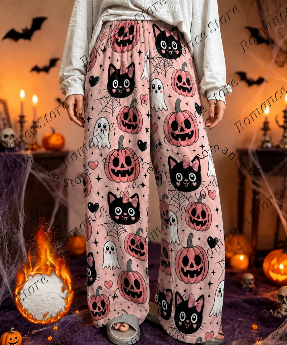 Gothic Spooky Halloween Women Plush Flannel Pants Pumpkin Eyeball Skull Haunted House Graphic Warm Autumn Winter Loungewear Pant - Image 6
