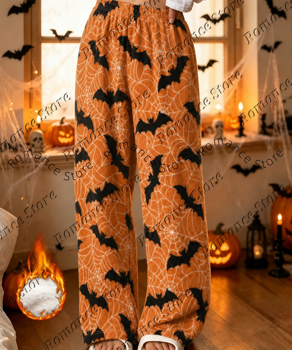 Gothic Spooky Halloween Women Plush Flannel Pants Pumpkin Eyeball Skull Haunted House Graphic Warm Autumn Winter Loungewear Pant - Image 4