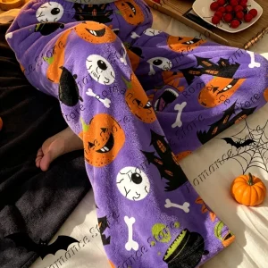 Gothic Spooky Halloween Women Plush Flannel Pants Pumpkin Eyeball Skull Haunted House Graphic Warm Autumn Winter Loungewear Pant
