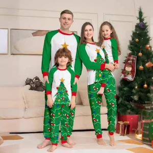 Green Long Sleeve Christmas Pyjamas Set Christmas Tree Printed Family Matching Pyjamas Two Piece Set Stars Top+Pants Adult Kids