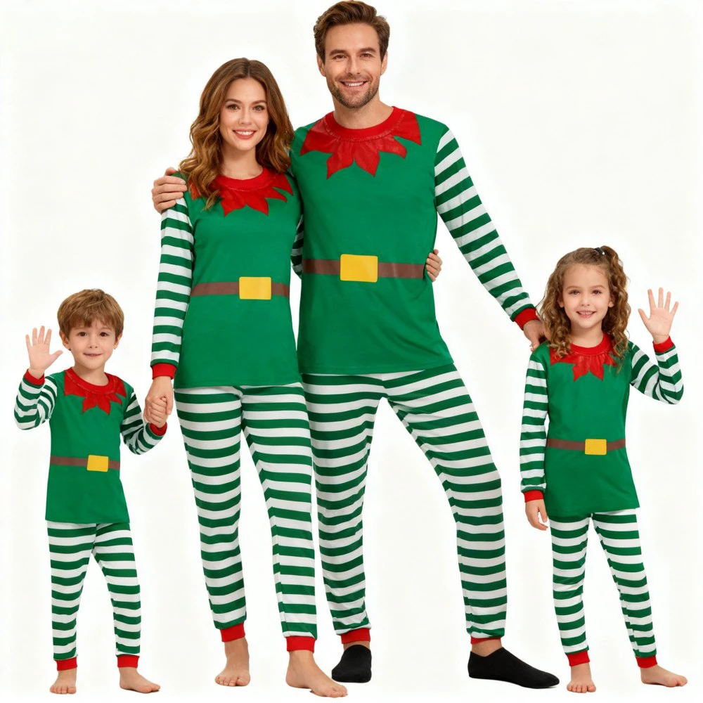 Green Santa Claus Cosplay Family Look Clothes Striped Christmas Family Matching Pajama Sets Father Mother Kids Couples Pyjamas - Image 2