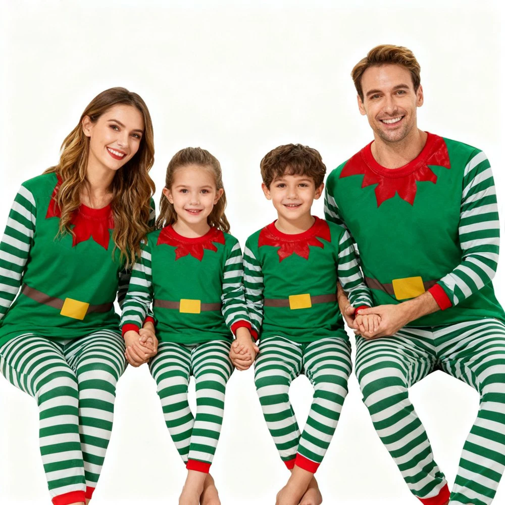 Green Santa Claus Cosplay Family Look Clothes Striped Christmas Family Matching Pajama Sets Father Mother Kids Couples Pyjamas - Image 5