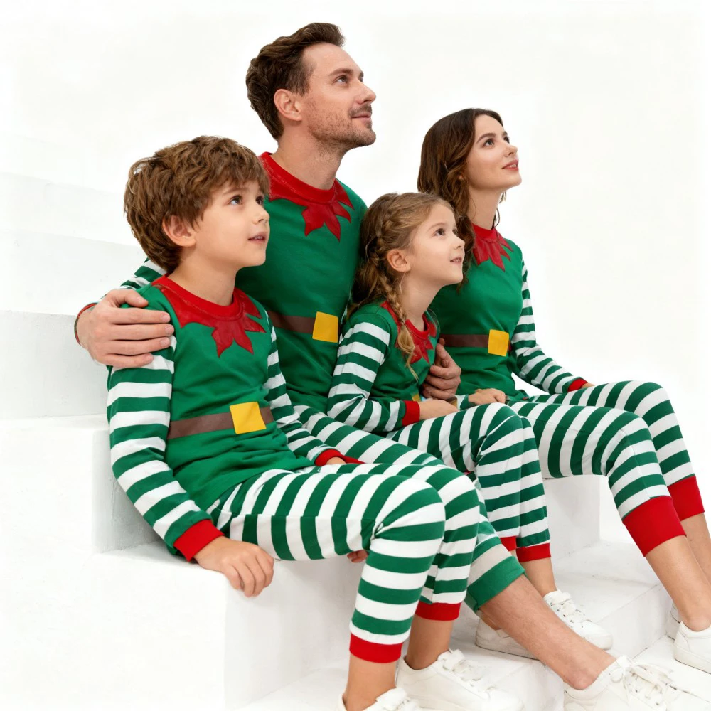 Green Santa Claus Cosplay Family Look Clothes Striped Christmas Family Matching Pajama Sets Father Mother Kids Couples Pyjamas - Image 3