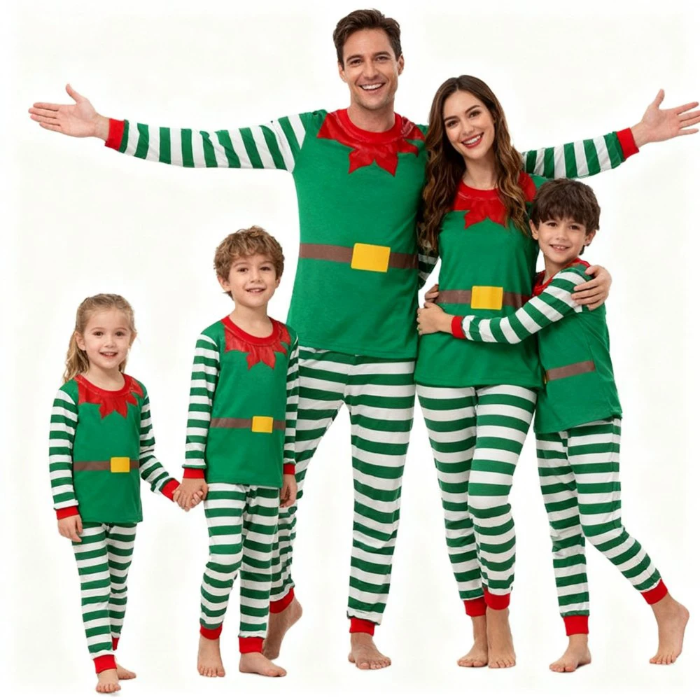 Green Santa Claus Cosplay Family Look Clothes Striped Christmas Family Matching Pajama Sets Father Mother Kids Couples Pyjamas - Image 4