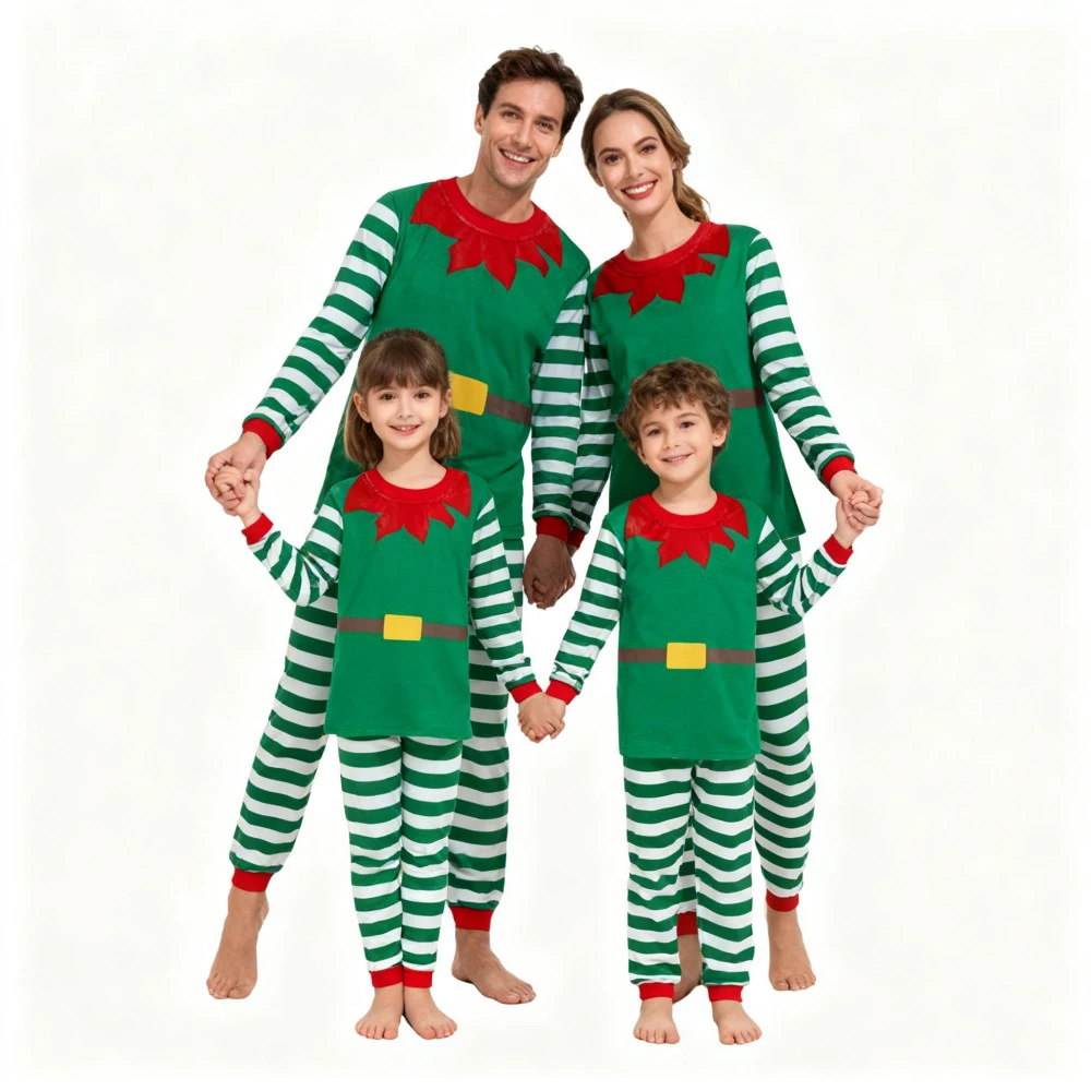 Green Santa Claus Cosplay Family Look Clothes Striped Christmas Family Matching Pajama Sets Father Mother Kids Couples Pyjamas - Image 6