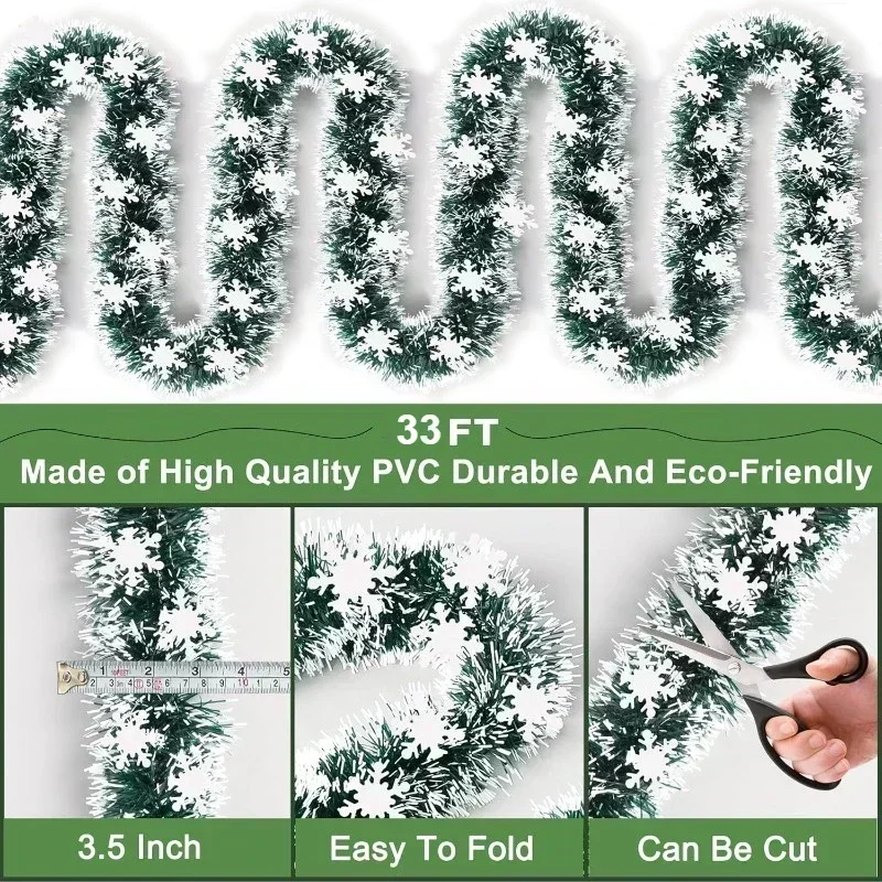 Green White Christmas Tinsel Metallic Xmas Garland with Snowflake Ornaments for Christmas Tree Decorations Hanging Holiday Decor - Image 4