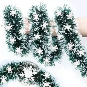 Green White Christmas Tinsel Metallic Xmas Garland with Snowflake Ornaments for Christmas Tree Decorations Hanging Holiday Decor