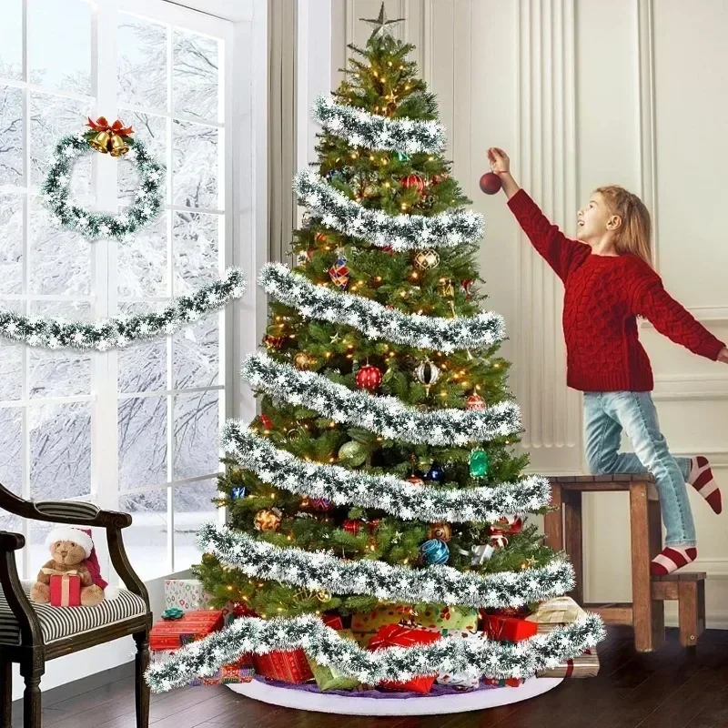 Green White Christmas Tinsel Metallic Xmas Garland with Snowflake Ornaments for Christmas Tree Decorations Hanging Holiday Decor - Image 5