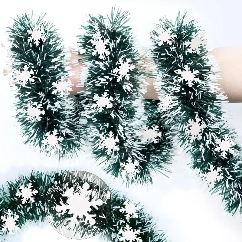 Green White Christmas Tinsel Metallic Xmas Garland with Snowflake Ornaments for Christmas Tree Decorations Hanging Holiday Decor