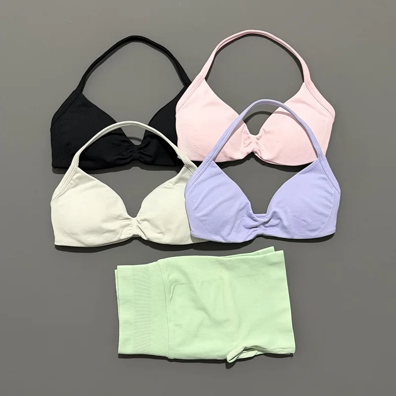 HISTELLO Sports Set 2 Piece Women Strappy Gym Yoga Bra Workout Scrunch Shorts Fitness Sports Suit Clothes Seamless Yoga Set - Image 3