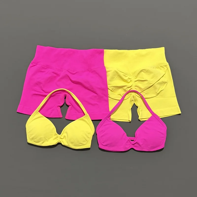 HISTELLO Sports Set 2 Piece Women Strappy Gym Yoga Bra Workout Scrunch Shorts Fitness Sports Suit Clothes Seamless Yoga Set - Image 6