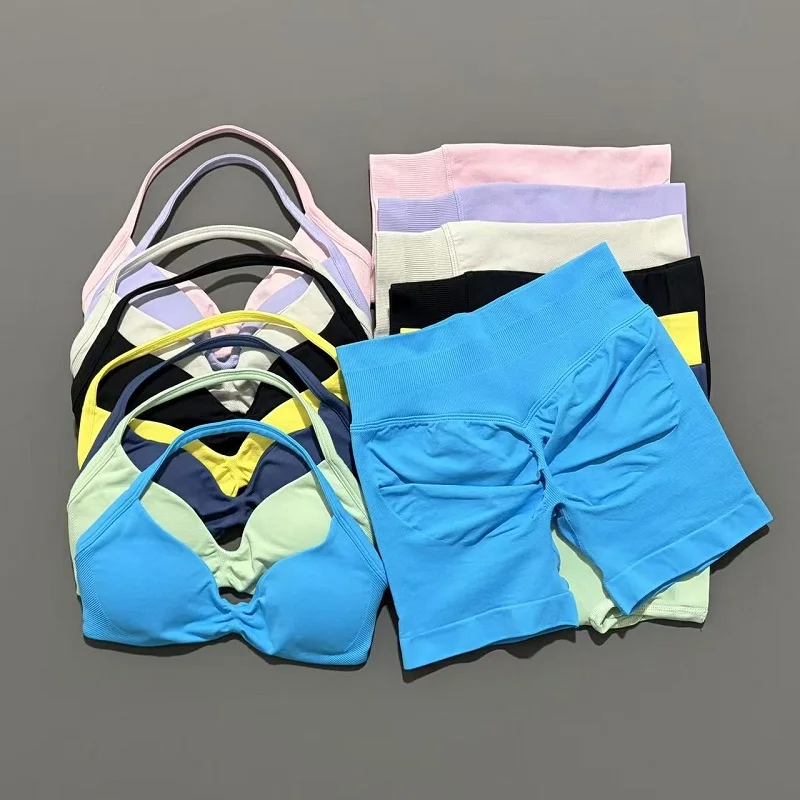 HISTELLO Sports Set 2 Piece Women Strappy Gym Yoga Bra Workout Scrunch Shorts Fitness Sports Suit Clothes Seamless Yoga Set