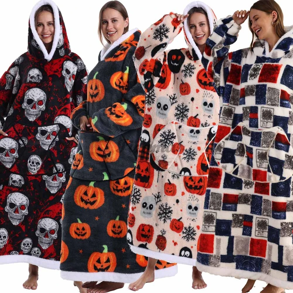Halloween Costume Extra Long Wearable Blankets Winter Flannel Hooded TV Blanket with Full Sleeves Men Women Cozy Soft Adult Robe