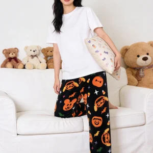 Halloween Pumpkin Flannel Sleep Pants, Black Warm Cozy Lounge Pants for Couples, Perfect for Party Outfits! Ideal Holiday Gift!