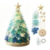 Handmade 3D Sea Glass Christmas Tree Kit Blue Gradient Color with Wooden Base & LED Lights - Coastal Holiday Craft Gift