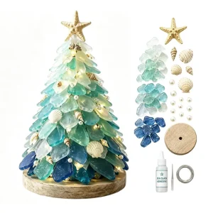 Handmade 3D Sea Glass Christmas Tree Kit Blue Gradient Color with Wooden Base & LED Lights - Coastal Holiday Craft Gift
