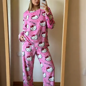 Hello Kitty Flannel Pajama Set, Pink Loungewear, Y2K Anime Style, Perfect for Festival Gifts, Bestie Outfits, and Party Wear