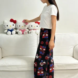 Hello Kitty Flannel Sleep Pants, Black Thickened Warm Fleece Pants, Casual Stroll Pants for Couples, Perfect for Party Outfits!