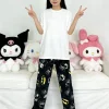 Hello Kitty flannel pajamas, black thermal loungewear, casual walking pants for couples, perfect for party outfits!