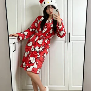 Hello Kitty flannel red bathrobe, cute cartoon anime Y2K, creative gift, best friend outfit, theme party outfit