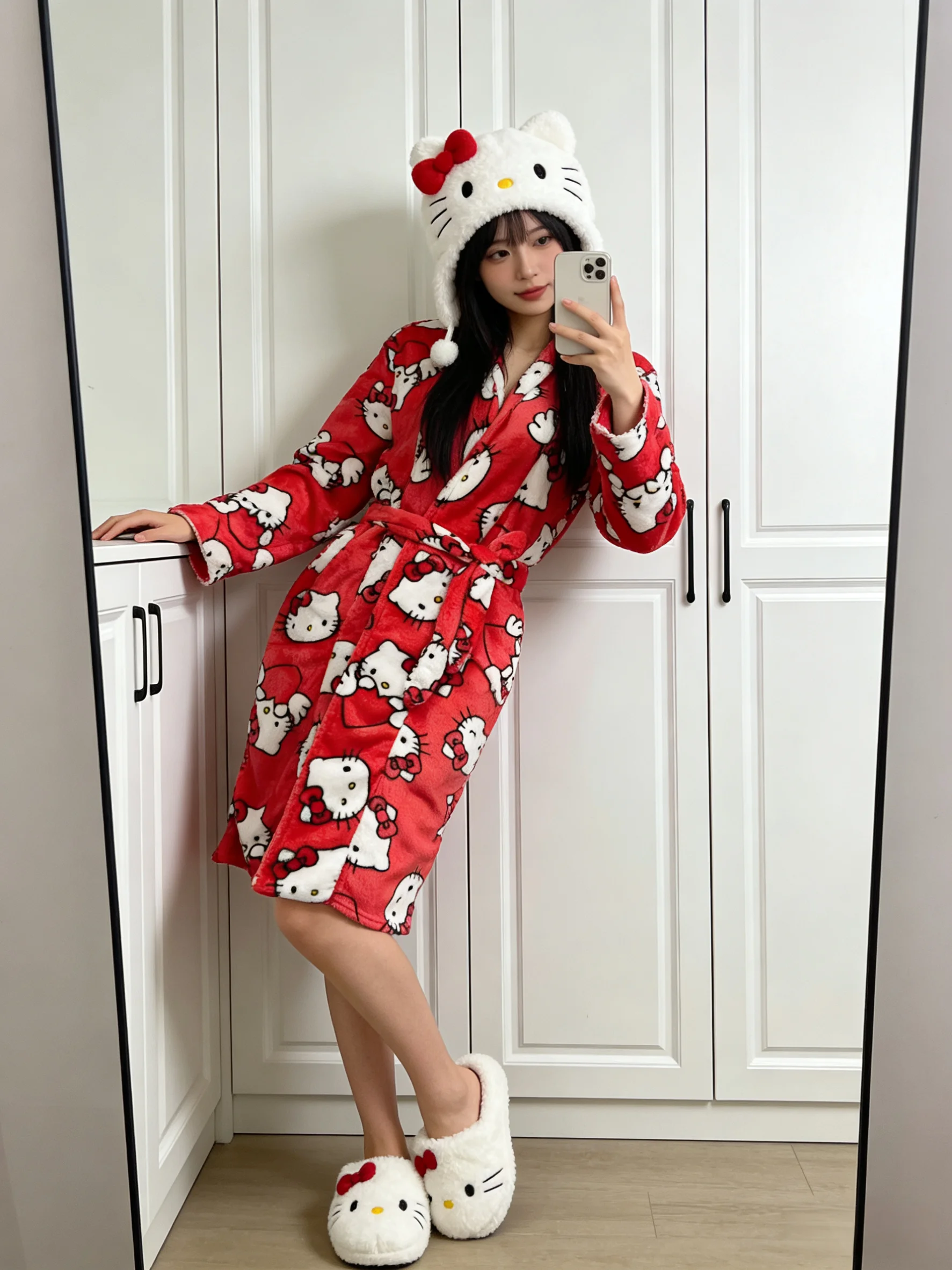 Hello Kitty flannel red bathrobe, cute cartoon anime Y2K, creative gift, best friend outfit, theme party outfit