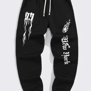 Hip‑Hop Street Men Casual Sweatpants Gothic New York Art Pattern Print Drawstring Waist Side Pockets Jogger Pants