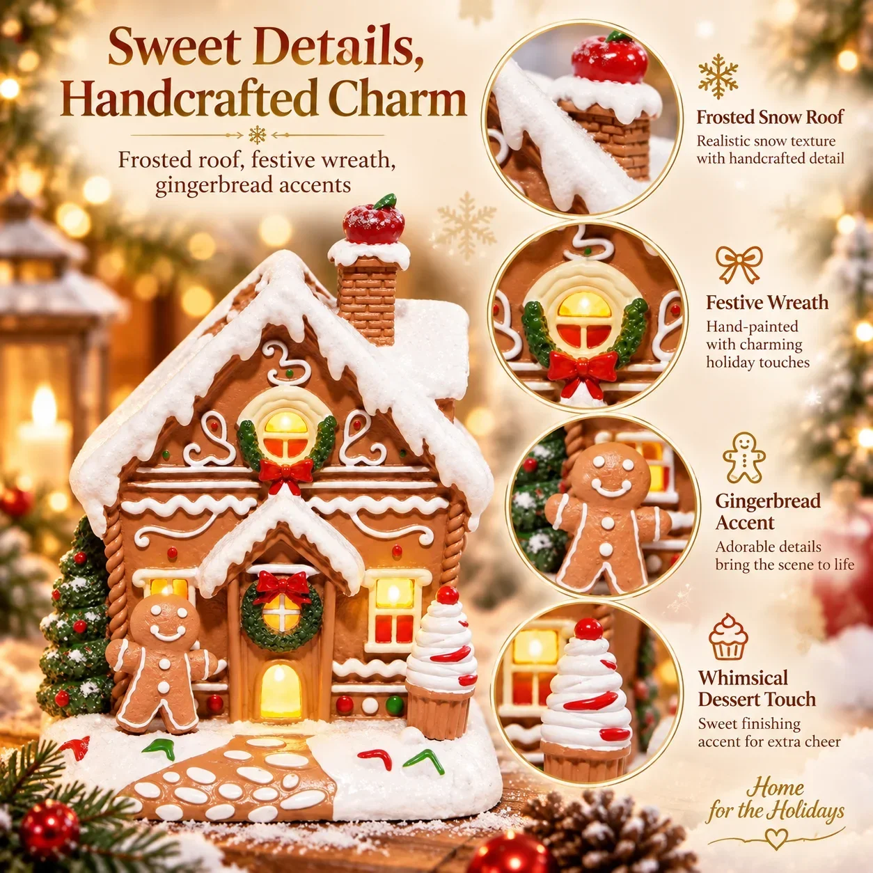 Hodao LED Christmas Gingerbread House Figurine Resin Handmade Lighted Village Ornament Holiday Tabletop Mantel Shelf Decor Gift - Image 2