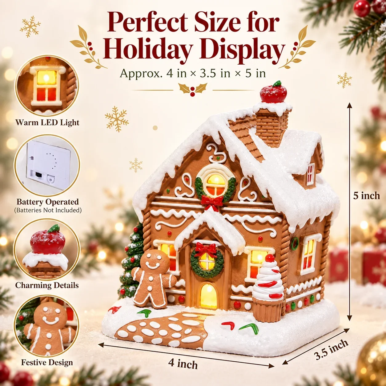 Hodao LED Christmas Gingerbread House Figurine Resin Handmade Lighted Village Ornament Holiday Tabletop Mantel Shelf Decor Gift - Image 4