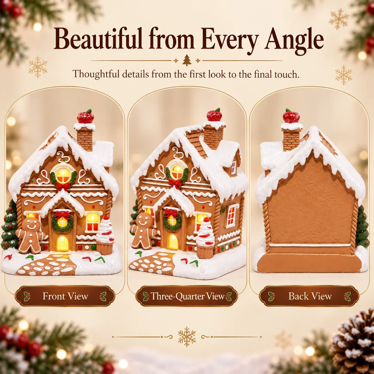 Hodao LED Christmas Gingerbread House Figurine Resin Handmade Lighted Village Ornament Holiday Tabletop Mantel Shelf Decor Gift - Image 3