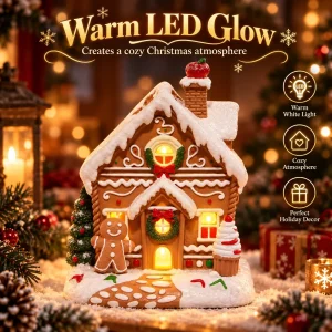 Hodao LED Christmas Gingerbread House Figurine Resin Handmade Lighted Village Ornament Holiday Tabletop Mantel Shelf Decor Gift