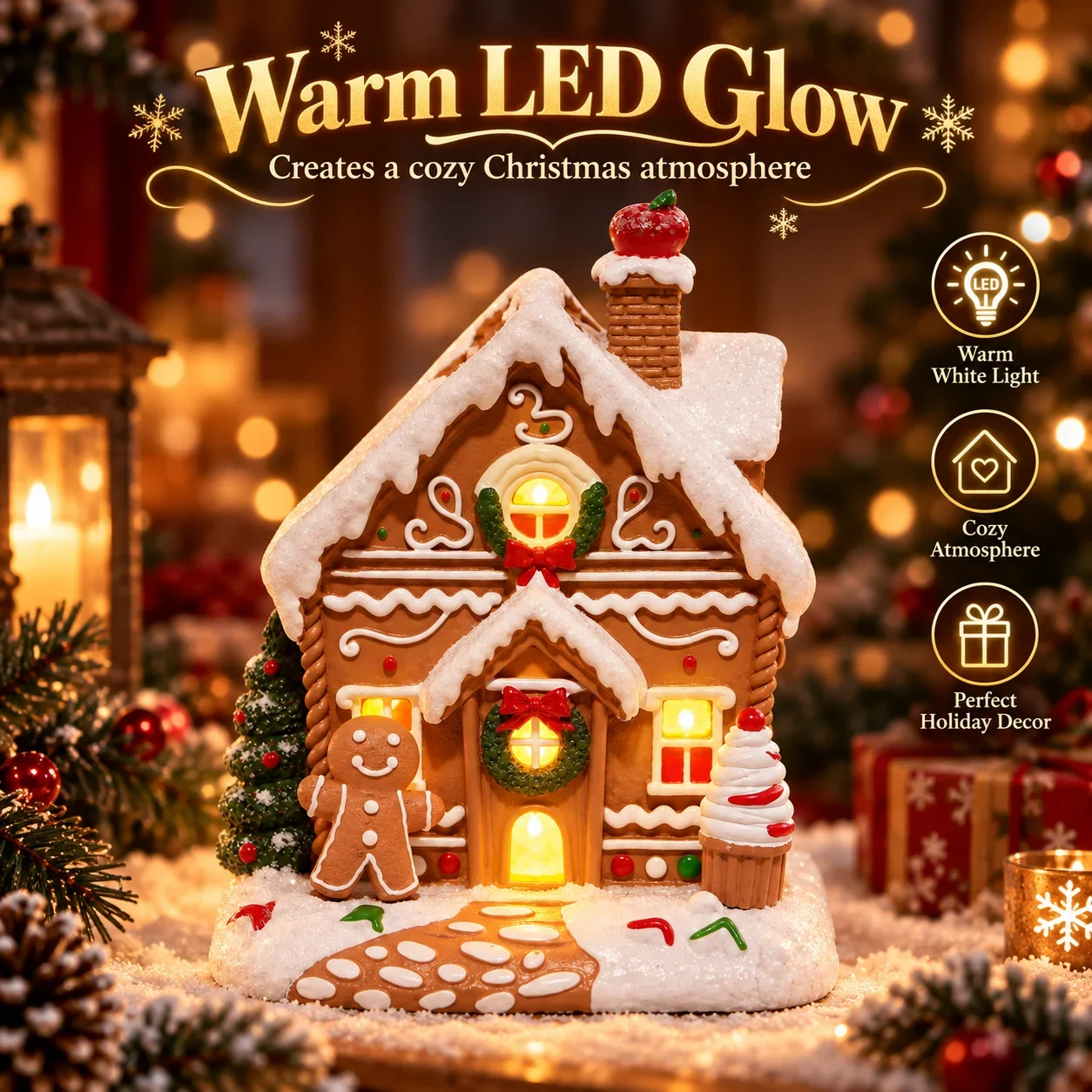 Hodao LED Christmas Gingerbread House Figurine Resin Handmade Lighted Village Ornament Holiday Tabletop Mantel Shelf Decor Gift