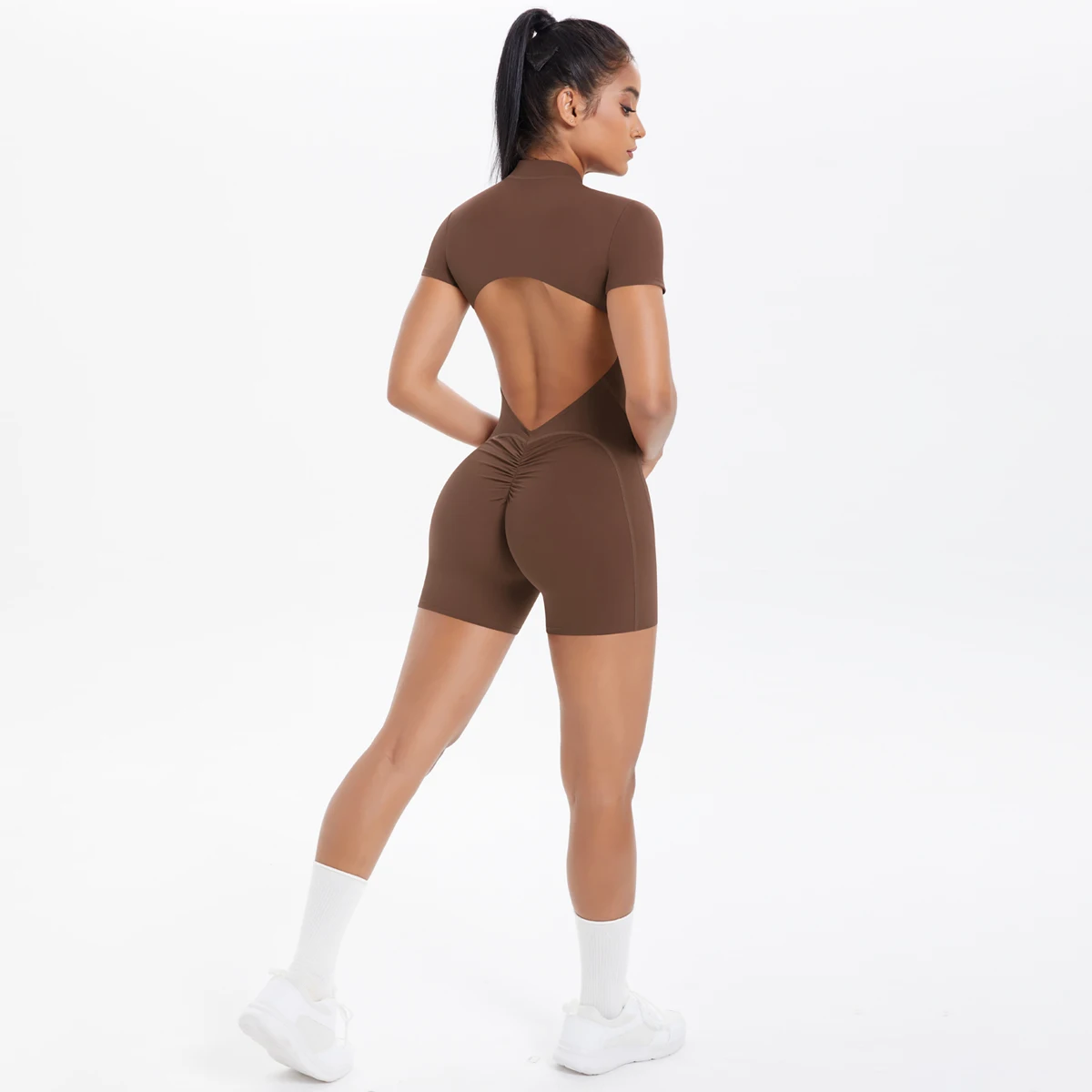 Hollow Out Backless Short Sleeved Zipper Jumpsuit for Woman Jumpsuit Yoga Suit One-Piece Legging Short Push Up Gym Yoga Clothing - Image 3