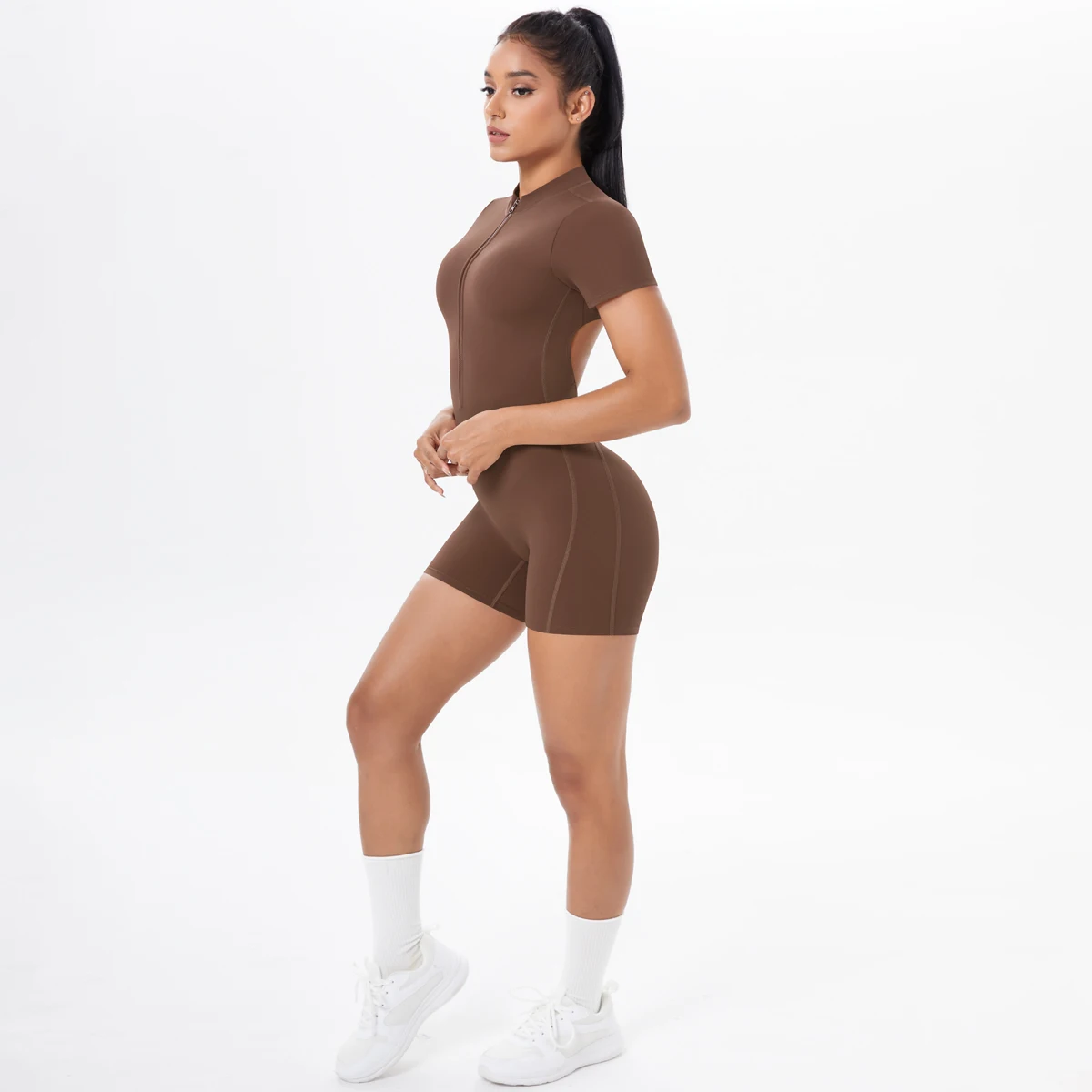 Hollow Out Backless Short Sleeved Zipper Jumpsuit for Woman Jumpsuit Yoga Suit One-Piece Legging Short Push Up Gym Yoga Clothing - Image 6