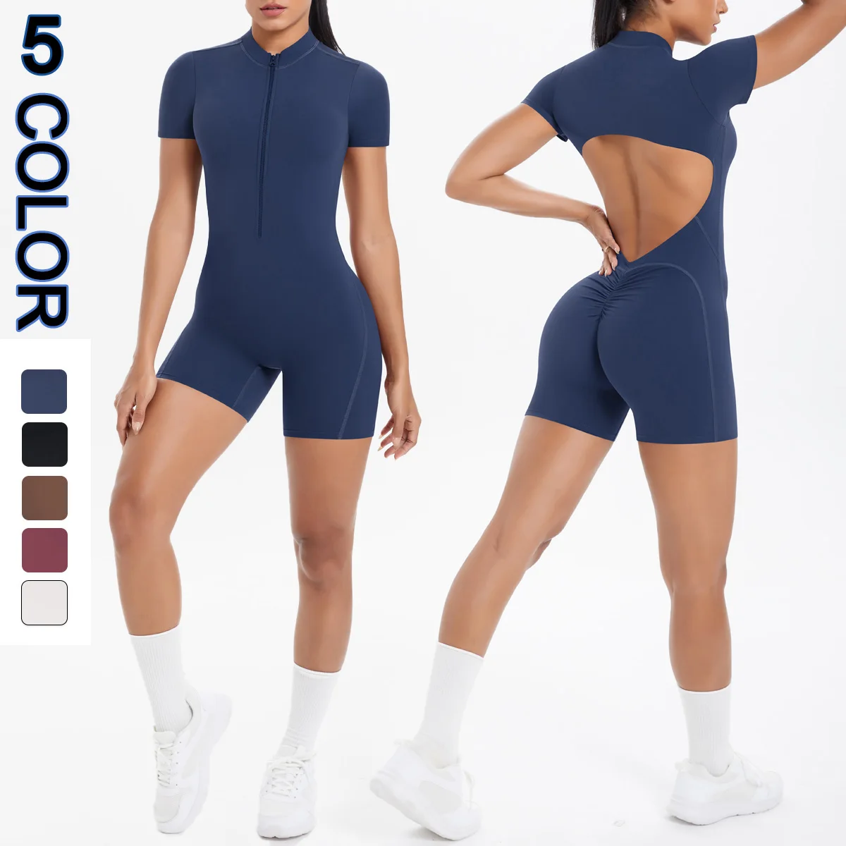 Hollow Out Backless Short Sleeved Zipper Jumpsuit for Woman Jumpsuit Yoga Suit One-Piece Legging Short Push Up Gym Yoga Clothing