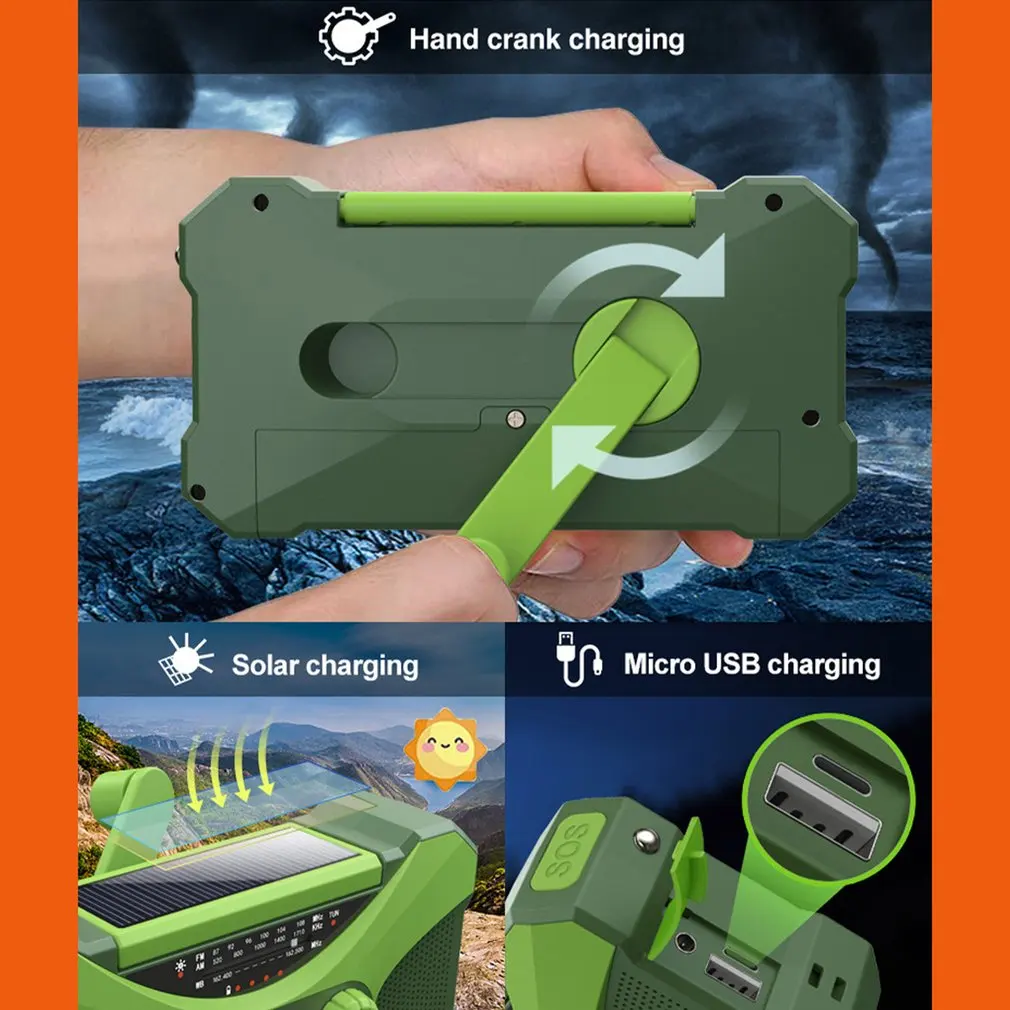 Hot 10000mAh Emergency Radio Portable AM FM WB NOAA Solar Hand Crank Weather Radio LED Flashlight SOS Alarm Power Bank راديو - Image 2