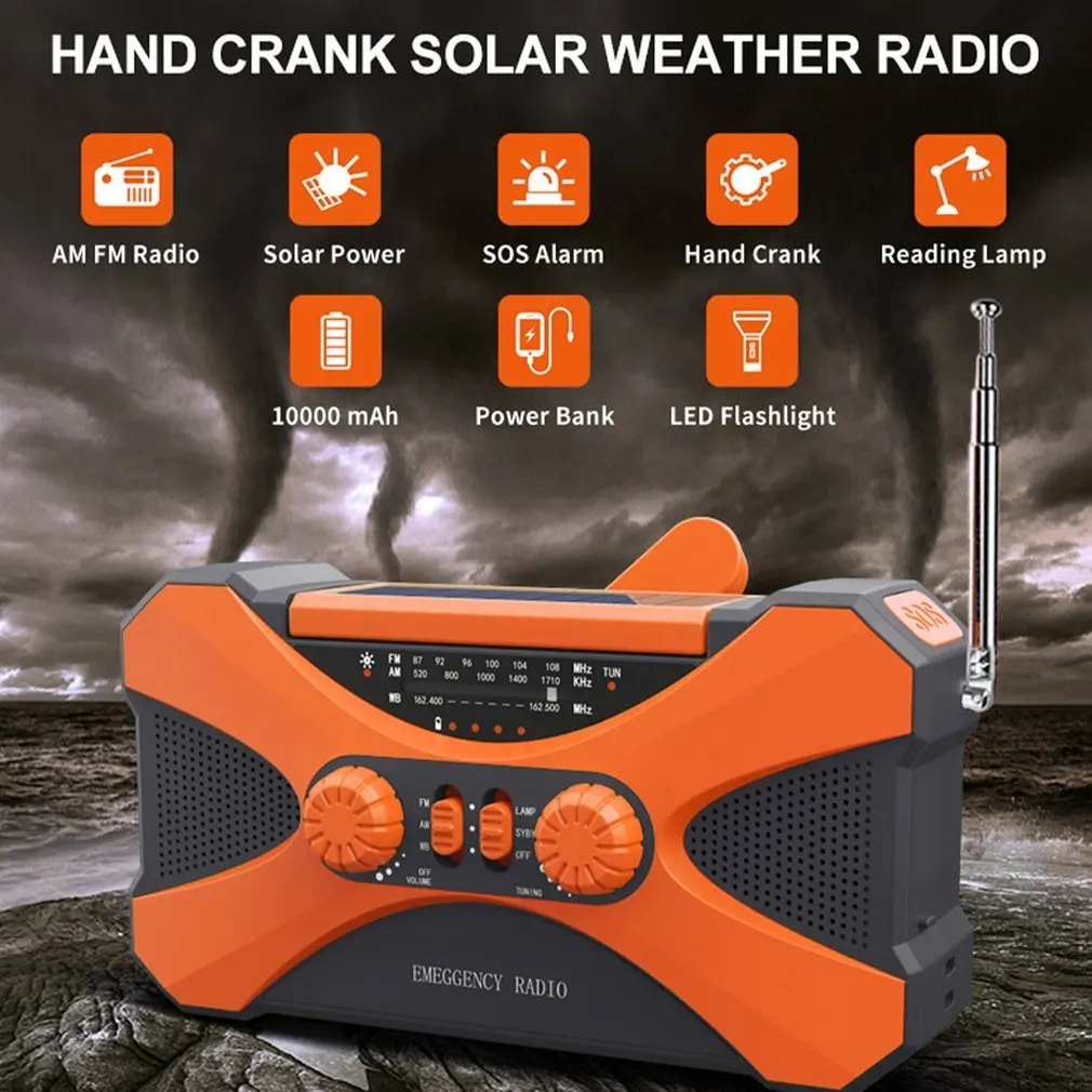 Hot 10000mAh Emergency Radio Portable AM FM WB NOAA Solar Hand Crank Weather Radio LED Flashlight SOS Alarm Power Bank راديو - Image 6