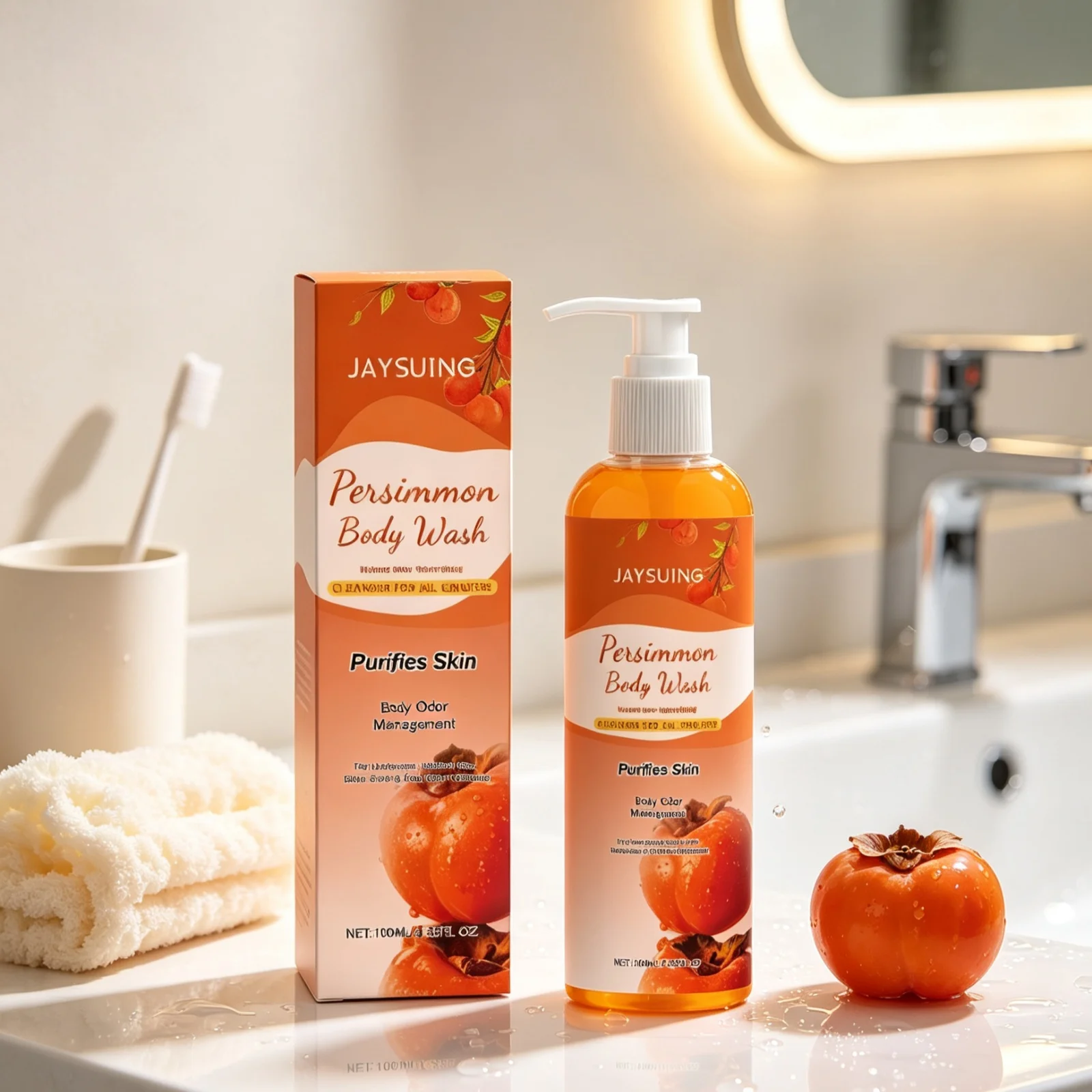 JAYSUING Persimmon Body Wash Deep Nourishing Skin Wash Away Dirty Relieve Dryness Skin Long Lingering Fragrance Shower Gel 100ml - Image 5