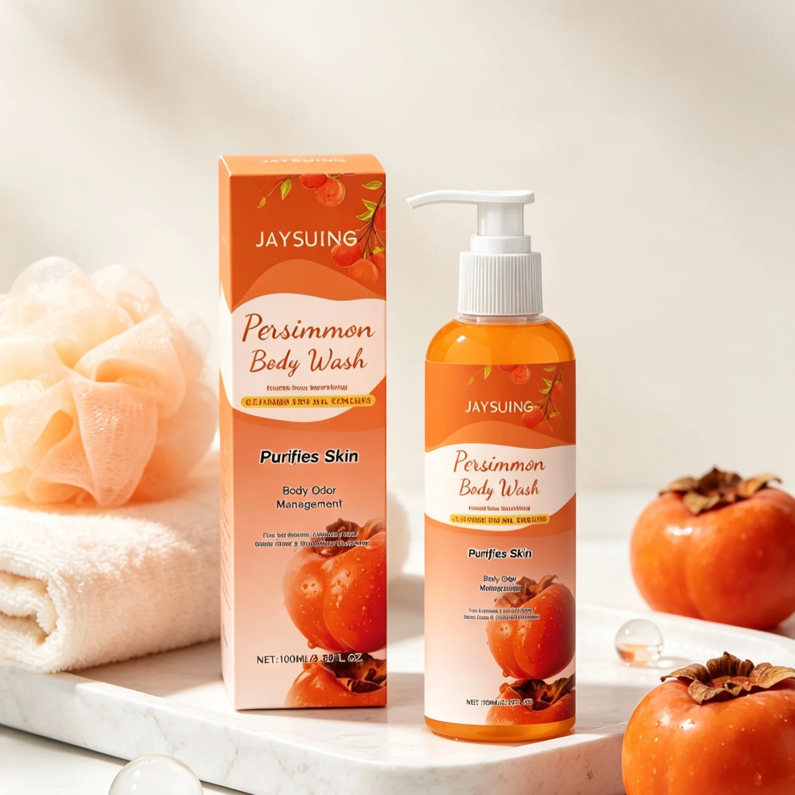 JAYSUING Persimmon Body Wash Deep Nourishing Skin Wash Away Dirty Relieve Dryness Skin Long Lingering Fragrance Shower Gel 100ml - Image 4