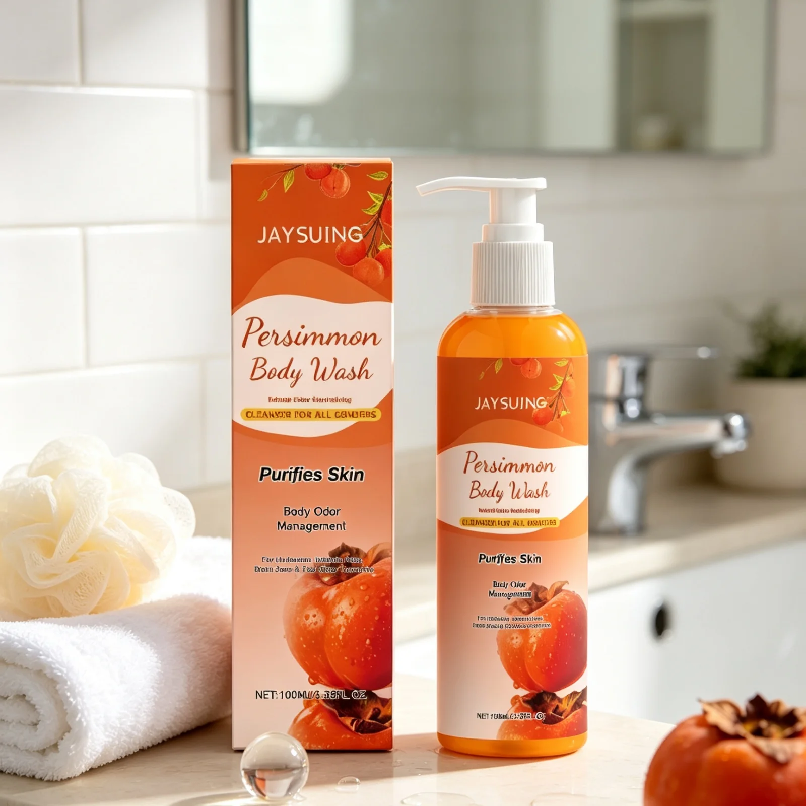 JAYSUING Persimmon Body Wash Deep Nourishing Skin Wash Away Dirty Relieve Dryness Skin Long Lingering Fragrance Shower Gel 100ml - Image 6