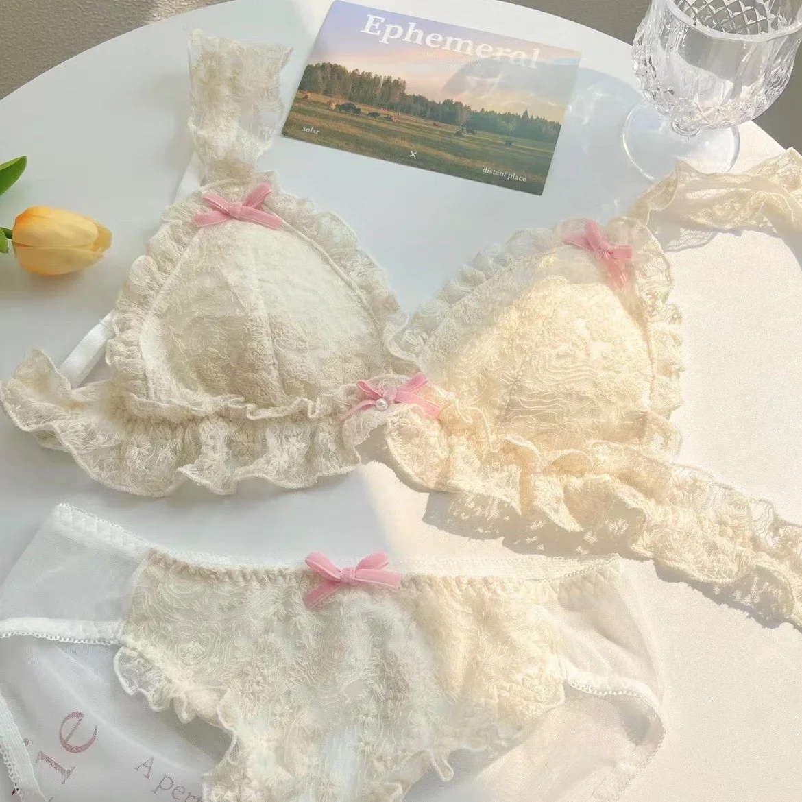 Japanese girl underwear female sweet cute pure desire without underwire bow lace edge thin bra set - Image 3