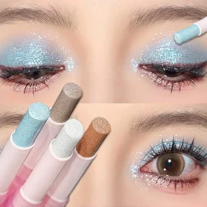 Jelly Eye Shadow Stick Blue Diamond Aurora Glitter Pearlescent Eyeshadow Pen Highlighter Stick Brighten & Contour Eyes Makeup